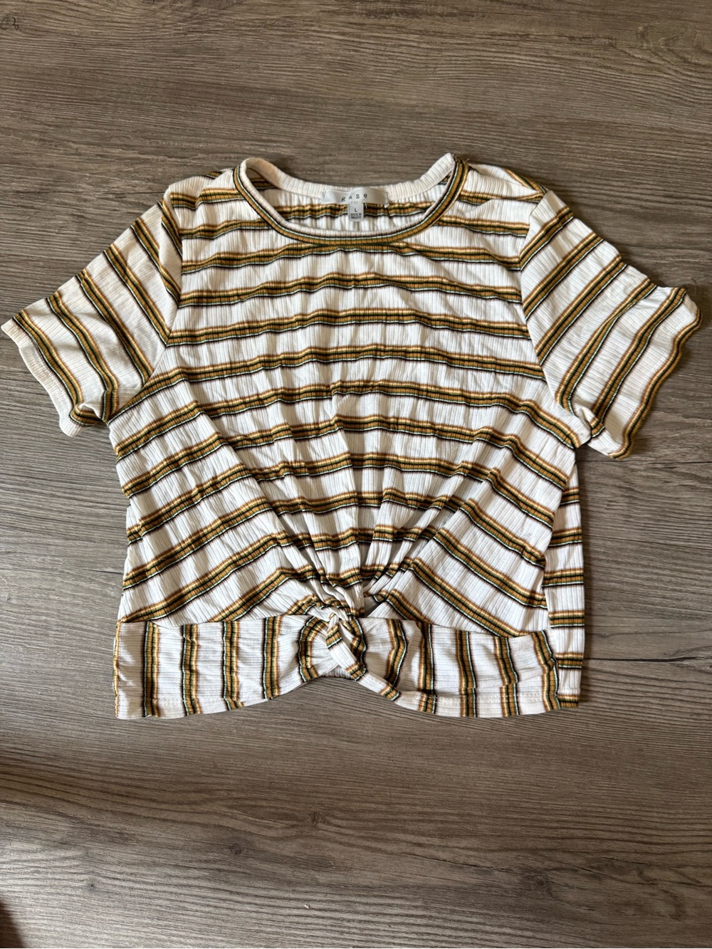 Striped Tie-Front Tee in White and Mustard